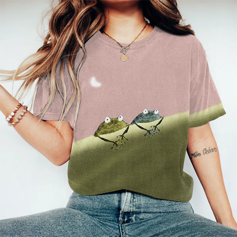 Oprinted Simple Frog Color Block Print Short Sleeve Crew Neck T-shirt