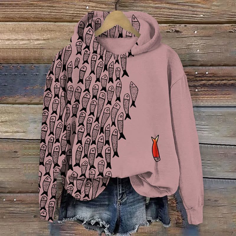 (🔥Hot Sale)Cute Simple Lines Abstract Geometric Fish Art Print Casual Long Sleeve Hoodie