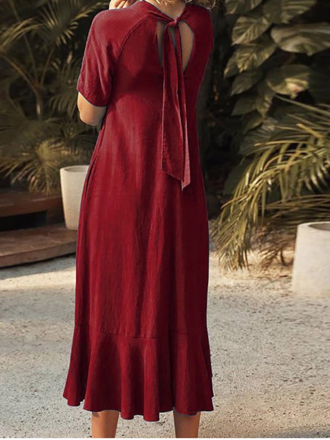 Simple Solid V-Neck Lace Up Cotton Linen A-Line Long Dress