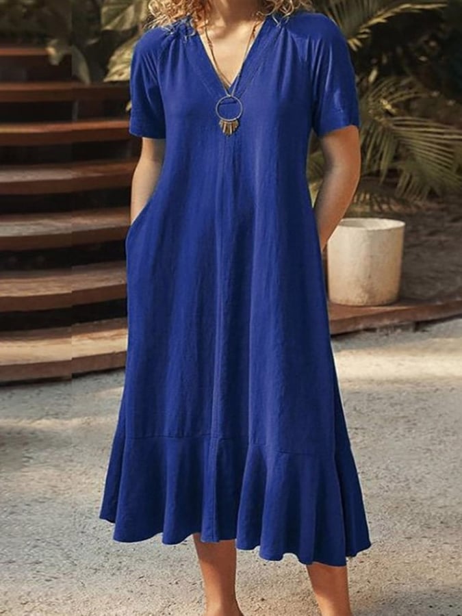 Simple Solid V-Neck Lace Up Cotton Linen A-Line Long Dress