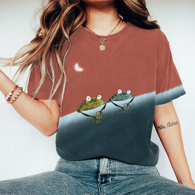 Oprinted Simple Frog Color Block Print Short Sleeve Crew Neck T-shirt