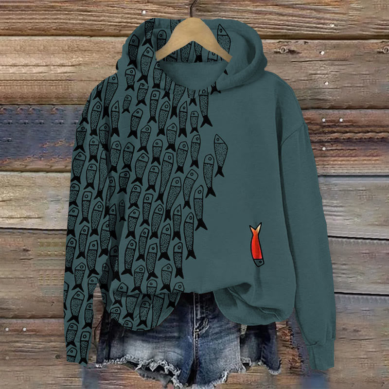 (🔥Hot Sale)Cute Simple Lines Abstract Geometric Fish Art Print Casual Long Sleeve Hoodie