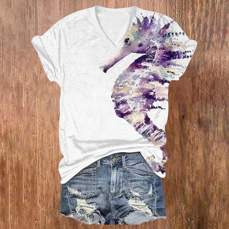 Oprinted Watercolor Sfumato Seahorse Asymmetrical Print V-neck T-shirt