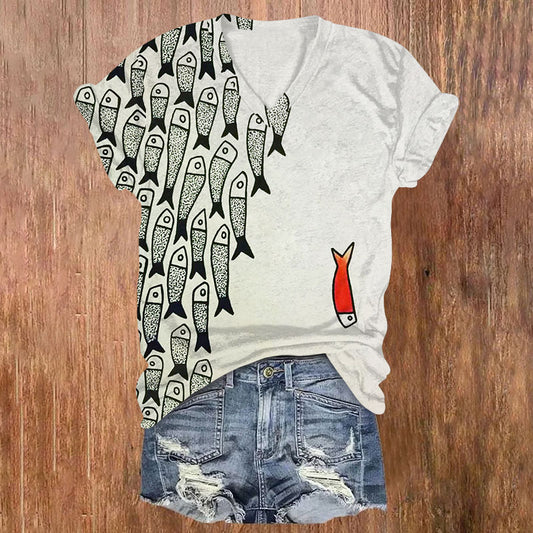 Oprinted Cute Simple Lines Abstract Geometric Fish Art Print V-neck T-shirt