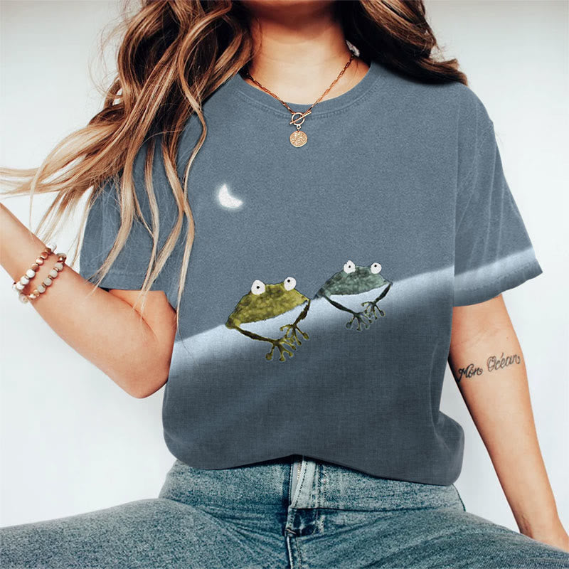 Oprinted Simple Frog Color Block Print Short Sleeve Crew Neck T-shirt