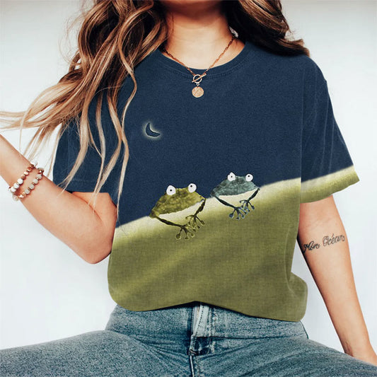 Oprinted Simple Frog Color Block Print Short Sleeve Crew Neck T-shirt