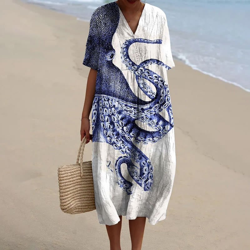 Oprinted Women's Oil Painting Octopus Art Print Short-sleeved Midi Dress