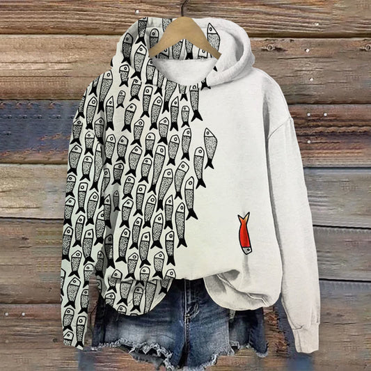 (🔥Hot Sale)Cute Simple Lines Abstract Geometric Fish Art Print Casual Long Sleeve Hoodie
