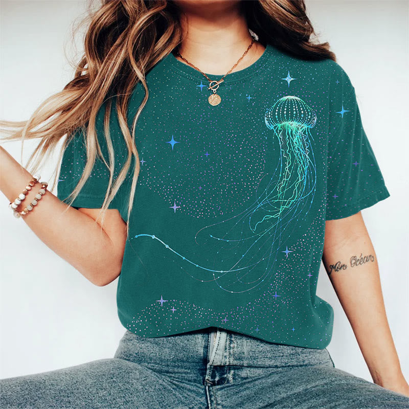 Oprinted Colorful Starry Sky Jellyfish Print Casual T-shirt