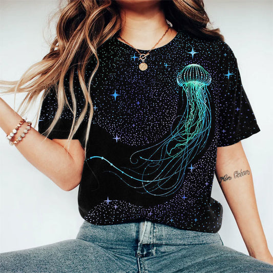 Oprinted Colorful Starry Sky Jellyfish Print Casual T-shirt