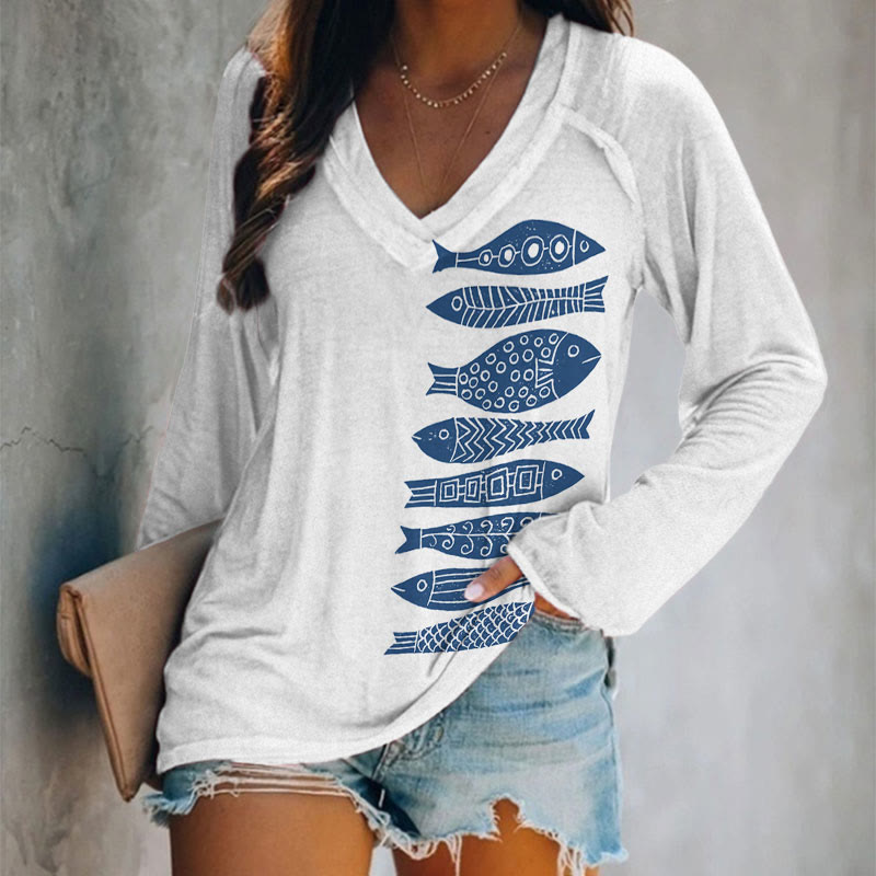 Oprinted Fish Japanese Lino Art Print V-neck Long Sleeve T-shirt