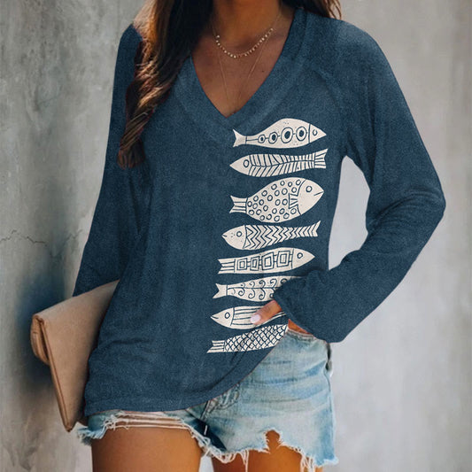 Oprinted Fish Japanese Lino Art Print V-neck Long Sleeve T-shirt
