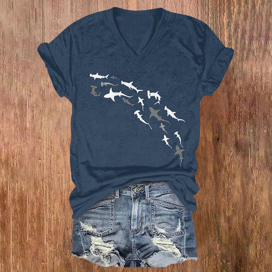 Oprinted Shark Print Casual V-neck Short-sleeved T-shirt