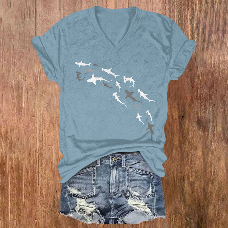 Oprinted Shark Print Casual V-neck Short-sleeved T-shirt