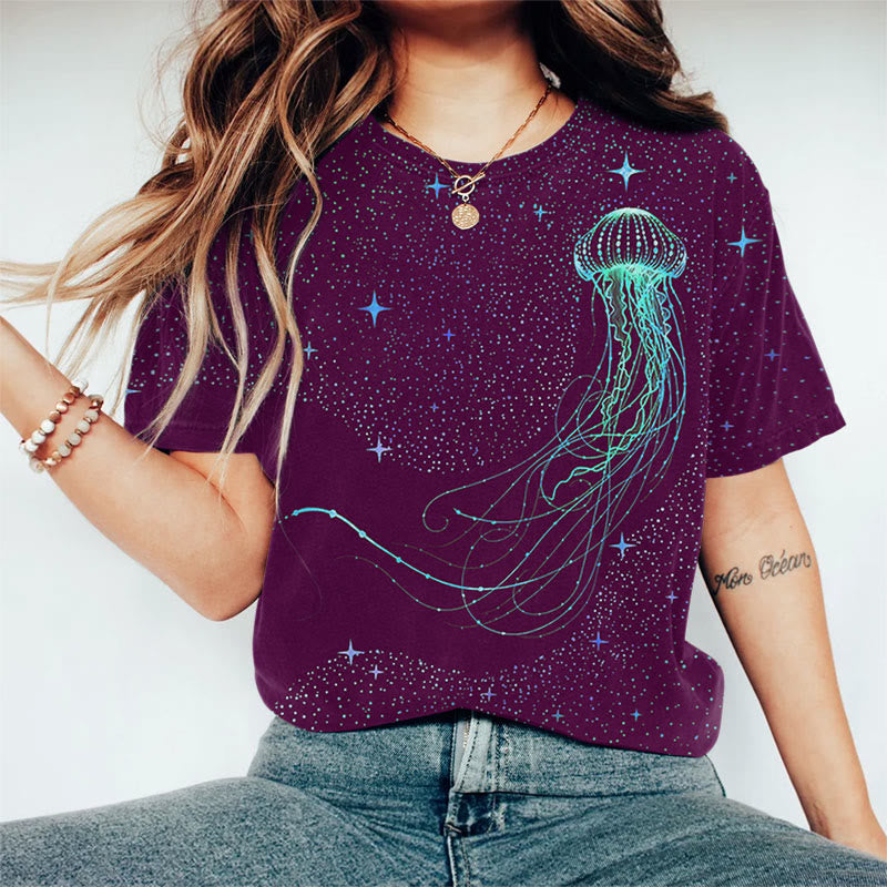 Oprinted Colorful Starry Sky Jellyfish Print Casual T-shirt