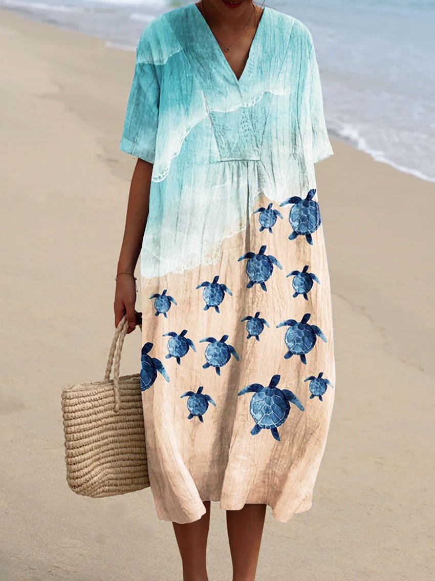 Women's Vintage Beach Turtle Art Print Flowy Dress