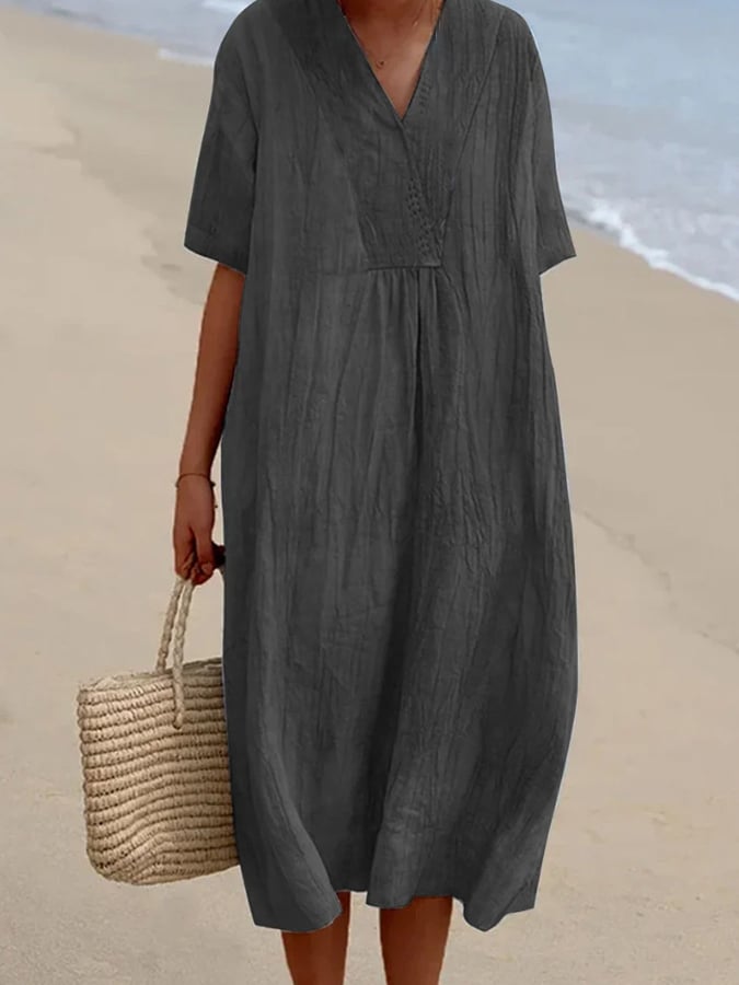 Loose Short Sleeved Solid V-Neck Dress
