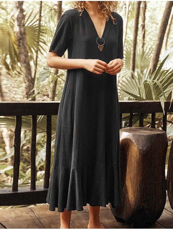 Simple Solid V-Neck Lace Up Cotton Linen A-Line Long Dress