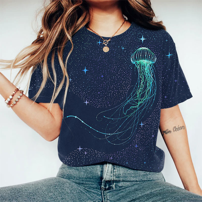 Oprinted Colorful Starry Sky Jellyfish Print Casual T-shirt