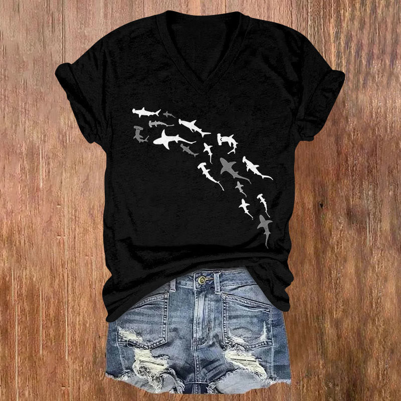 Oprinted Shark Print Casual V-neck Short-sleeved T-shirt