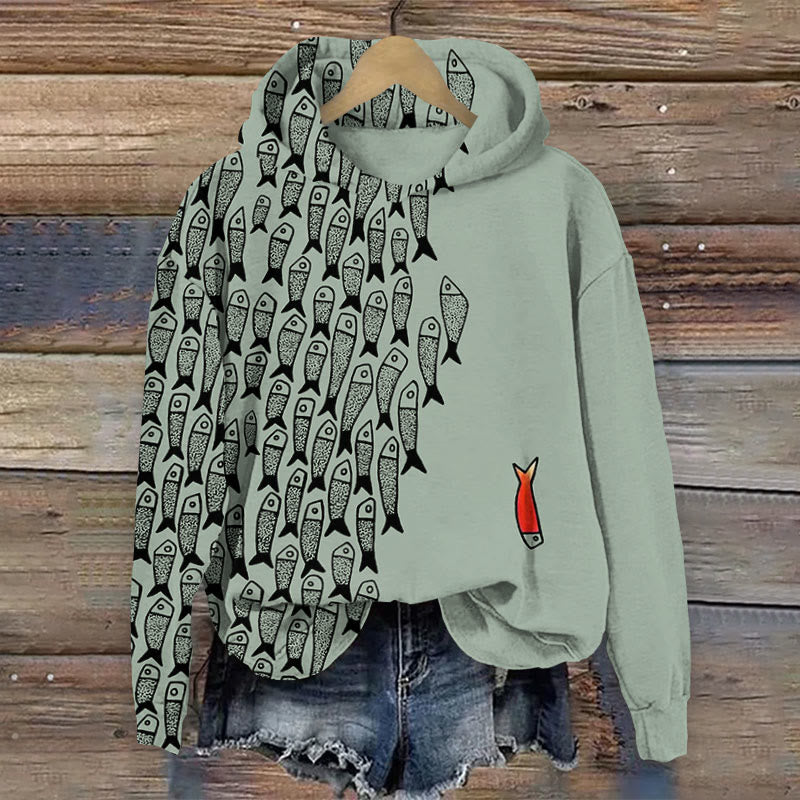(🔥Hot Sale)Cute Simple Lines Abstract Geometric Fish Art Print Casual Long Sleeve Hoodie